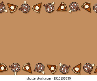 Cute cartoon pumpkin pie slice and cacao hot chocolate seamless pattern. Fall decoration background tile