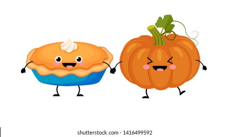 Cute cartoon pumpkin  pie and pumpkin vegetable  characters  vector illustration isolated on white background. Traditional American pie illustration. Kawaii pie and pumpkin