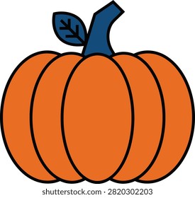 Cute cartoon pumpkin vector illustration with green stem and leaf isolated on white background