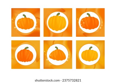 Calabazas de dibujos animados con diferentes formas y colores en fondo cuadrado degradado de color naranja, salpicadas con destellos de luz, plantilla naranja de medios sociales, pegatina, diseño de calabaza simple