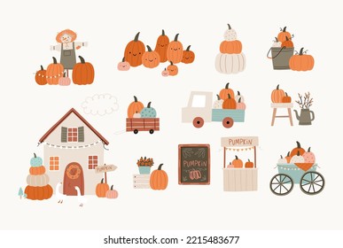 Cute cartoon pumpkins farm - vector illustration in flat style. Autumn farm, decor, pumpkins, leaves. Pumpkin festival