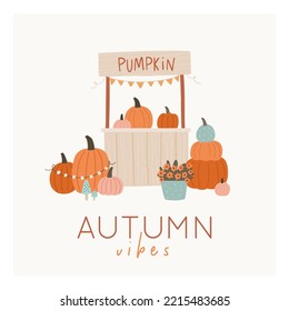 Cute cartoon pumpkins farm - vector illustration in flat style. Autumn farm, decor, pumpkins, leaves. Pumpkin festival