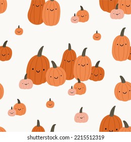 Cute cartoon pumpkins farm - vector illustration in flat style. Autumn farm, decor, pumpkins, leaves. Pumpkin festival - seamless pattern