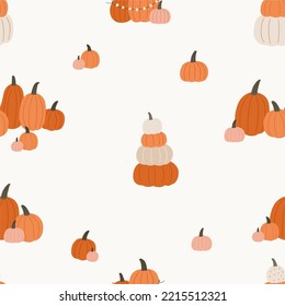 Cute cartoon pumpkins farm - vector illustration in flat style. Autumn farm, decor, pumpkins, leaves. Pumpkin festival - seamless pattern