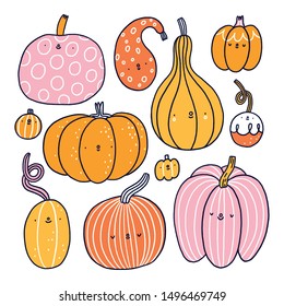 Cute cartoon pumpkins set, doodle characters decoration for Halloween season, vector illustration, isolated on white background