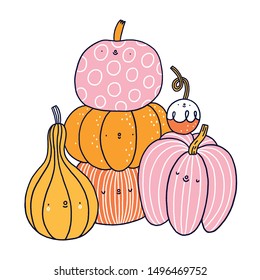 Cute cartoon pumpkins in a stack, doodle characters decoration for Halloween season, vector illustration, isolated on white background