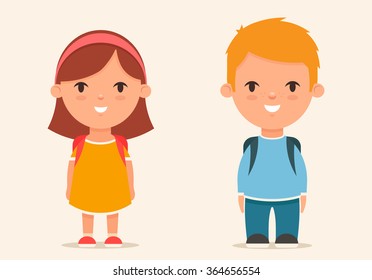 Cute Cartoon Pupils - Boy and Girl. Vector Illustration