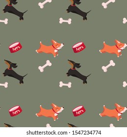 Cute cartoon puppies of corgi and dachshund with bones and bowls on a gray-green background. Vector seamless pattern.