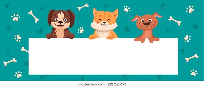 Cute cartoon puppies are holding an empty banner with place for your text. Dog grooming concept. Can be used for pet shop sign or for flyer super sale template. Vector illustration
