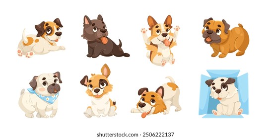 Cute cartoon puppies on white background. Vector illustration