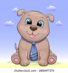 Cute cartoon puppy with blue tie. Vector illustration of dog on the blue background with clouds.