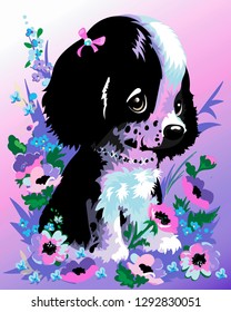 Cute Cartoon Puppy, With Bow, Sat In Purple, Pink and Blue Flowers On A Purple, Pink Background Vector