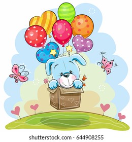 Cute Cartoon Puppy in the box is flying on balloons