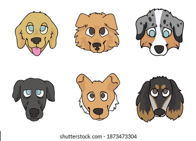 Cute cartoon puppy breed set vector clipart. Pedigree kennel rough collie, golden retriever for dog lovers. Purebred greyhound smooth collie and borzoi illustration. Isolated hunting hound. 