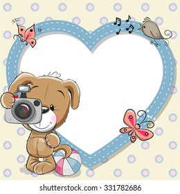 Cute cartoon Puppy with a camera and a heart frame