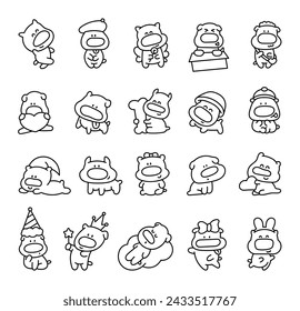 Cute cartoon puppy characters. Coloring Page. Adorable dog with different emotions. Hand drawn style. Vector drawing. Collection of design elements.