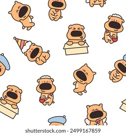 Cute cartoon puppy characters. Seamless pattern. Adorable dog with different emotions. Hand drawn style. Vector drawing. Design ornaments.
