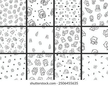 Cute cartoon puppy characters. Seamless pattern. Coloring Page. Adorable dog with different emotions. Hand drawn style. Vector drawing. Collection of design ornaments.