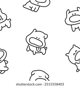 Cute cartoon puppy characters. Seamless pattern. Coloring Page. Adorable dog with different emotions. Hand drawn style. Vector drawing. Design ornaments.