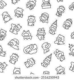 Cute cartoon puppy characters. Seamless pattern. Coloring Page. Adorable dog with different emotions. Hand drawn style. Vector drawing. Design ornaments.