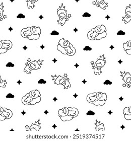 Cute cartoon puppy characters. Seamless pattern. Coloring Page. Adorable dog with different emotions. Hand drawn style. Vector drawing. Design ornaments.