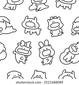 Cute cartoon puppy characters. Seamless pattern. Coloring Page. Adorable dog with different emotions. Hand drawn style. Vector drawing. Design ornaments.