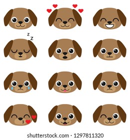 Cute cartoon puppy with different expressions. Vector set of dog emojis