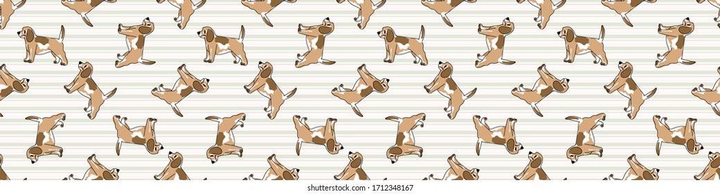 Cute cartoon puppy dog seamless vector border. Hand drawn pedigree kennel doggie breed for dog lovers. Purebred domestic puppy all over print for pet parlor background. Canine illustration.