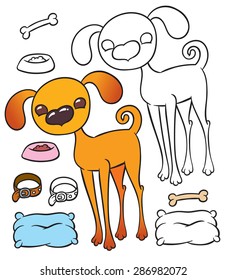 Cute cartoon puppy dog set and things - pillow, collar bone and a bowl - vector cartoon illustration