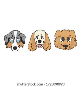Cute cartoon puppy faces breed set vector clipart. Pedigree kennel doggie breed for dog lovers. Purebred hunting dog Australian Shepherd, cocker spaniel and rough collie illustration. Isolated hound. 