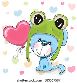 Cute Cartoon Puppy in a frog hat with balloon