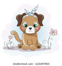 cute cartoon puppy girl with a bandana on flower field