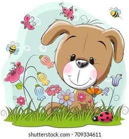 Cute Cartoon Puppy girl on a meadow with flowers and butterflies