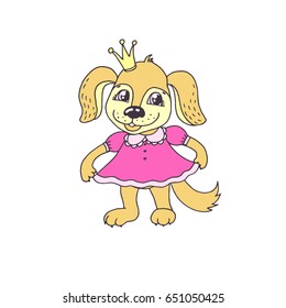 Cute cartoon puppy girl in pink dress. Little dog princess vector illustration for kids design.