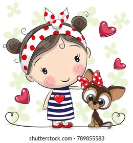 Cute Cartoon Puppy and a Girl in a striped dress