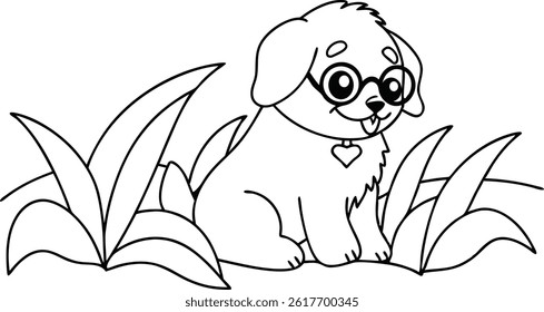 Cute Cartoon Puppy With Glasses Sitting In Grass Coloring Page