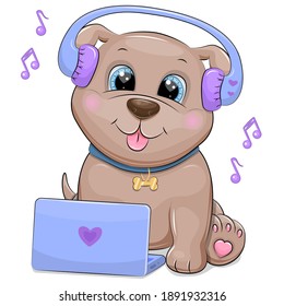 Cute cartoon puppy with headphones and laptop listens to music. Vector illustration of animal isolated on white.