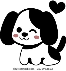 cute cartoon puppy with heart, winking and smiling with rosy cheeks, adorable black and white dog character for kids