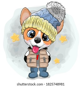 Cute Cartoon Puppy in a knitted cap 
