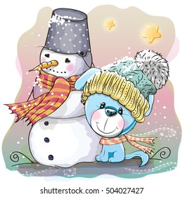 Cute Cartoon Puppy in a knitted cap and snowman