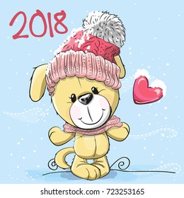 Cute Cartoon Puppy in a knitted cap with heart
