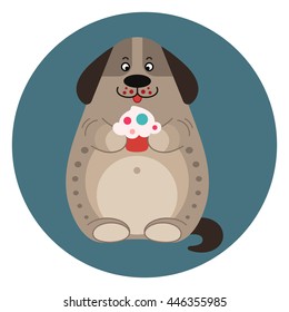 Cute cartoon puppy with muffin in blue circle. Domestic animal isolated on white background for print. Vector illustration.  