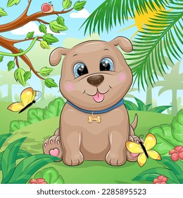 Cute cartoon puppy in nature. Vector illustration of an animal on a green background with trees, butterflies, flowers and leaves.