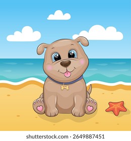 A Cute Cartoon Puppy on the Beach. Summer animal vector illustration with sea, sun, sand, starfish.