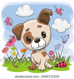 Cute Cartoon Puppy on a meadow with flowers and butterflies