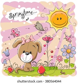 Cute Cartoon Puppy on the meadow with flowers 