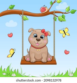 Cute cartoon puppy on a swing. Vector illustration of a dog on a blue background with hearts and butterflies.