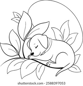 A cute cartoon puppy peacefully sleeps nestled among large leaves under a gentle curve. Simple line art, perfect for coloring. Tranquil, whimsical scene.