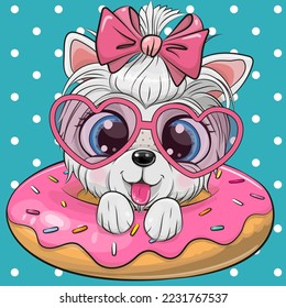 Cute Cartoon Puppy with a pink bow and donut