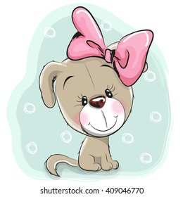 Cute Cartoon Puppy with pink bow on a blue background